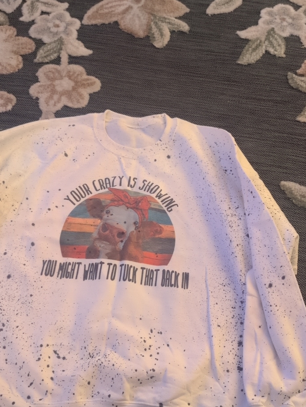 Ladies White Graphic Sweatshirt with Cow Print